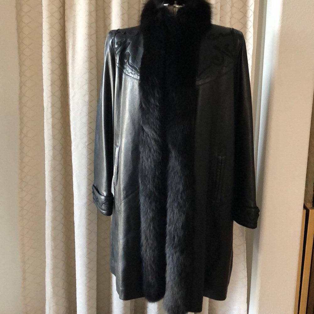 Vintage Black Leather w/ Fox Collar 3/4 Length Coat